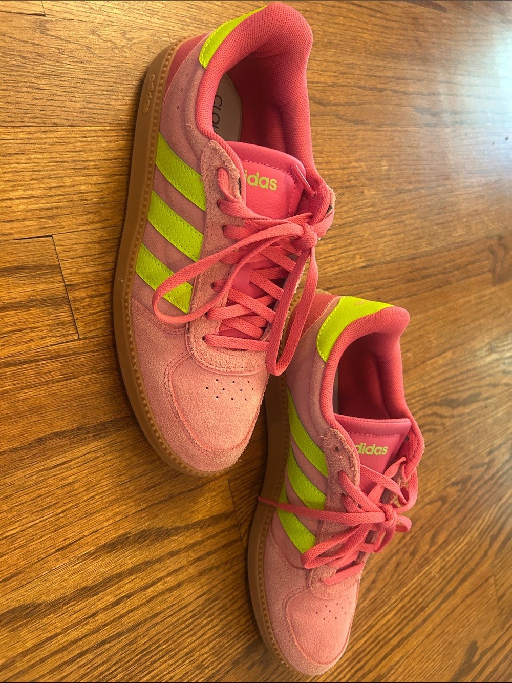adidas Pink Suede Sneakers with Lime Stripes